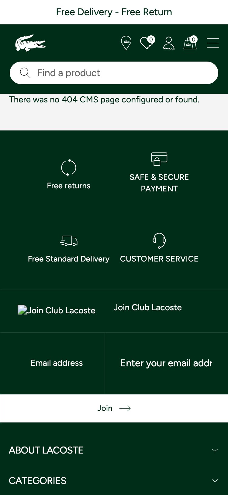 Lacoste cart page — shows only the cart item, promo code field, loyalty points section, and order summary with no cross-sell or product recommendations