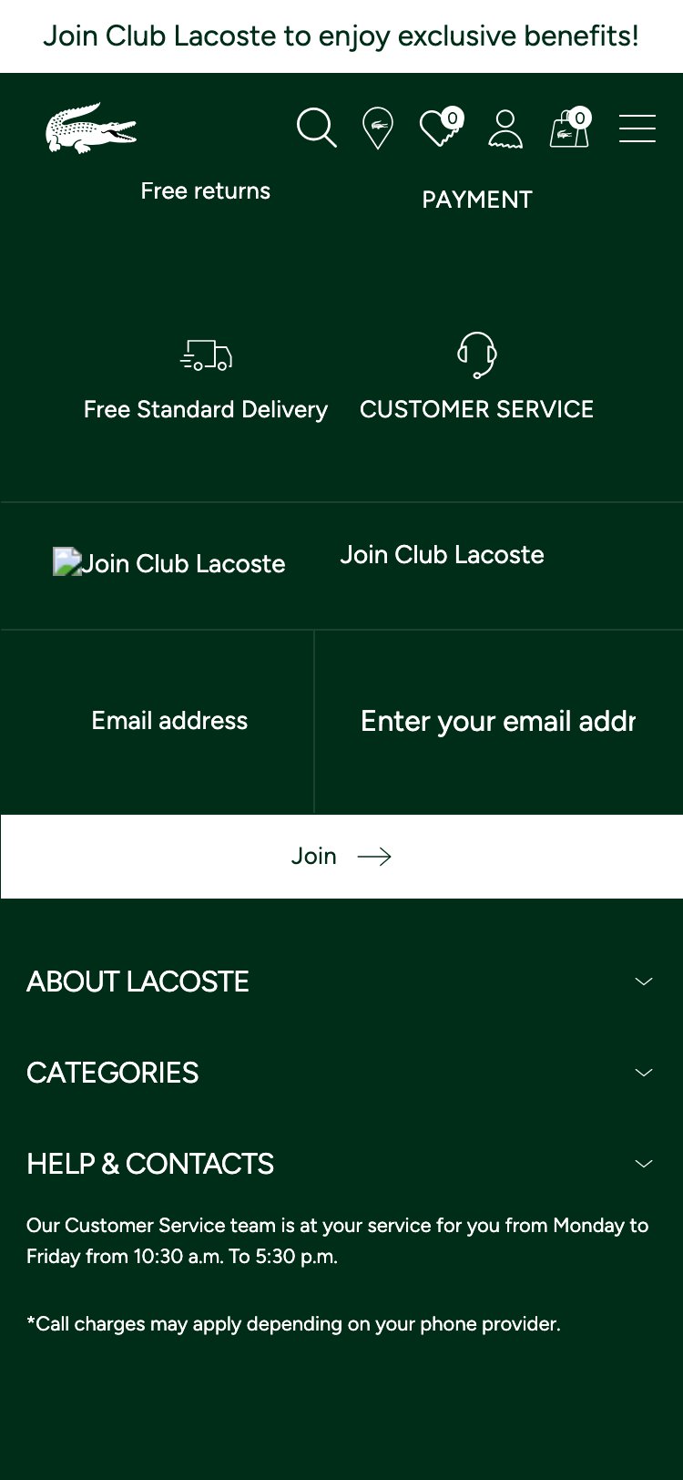 Lacoste collection page — product cards display '+27 colours' as text instead of visual color swatches, requiring extra clicks to discover variants