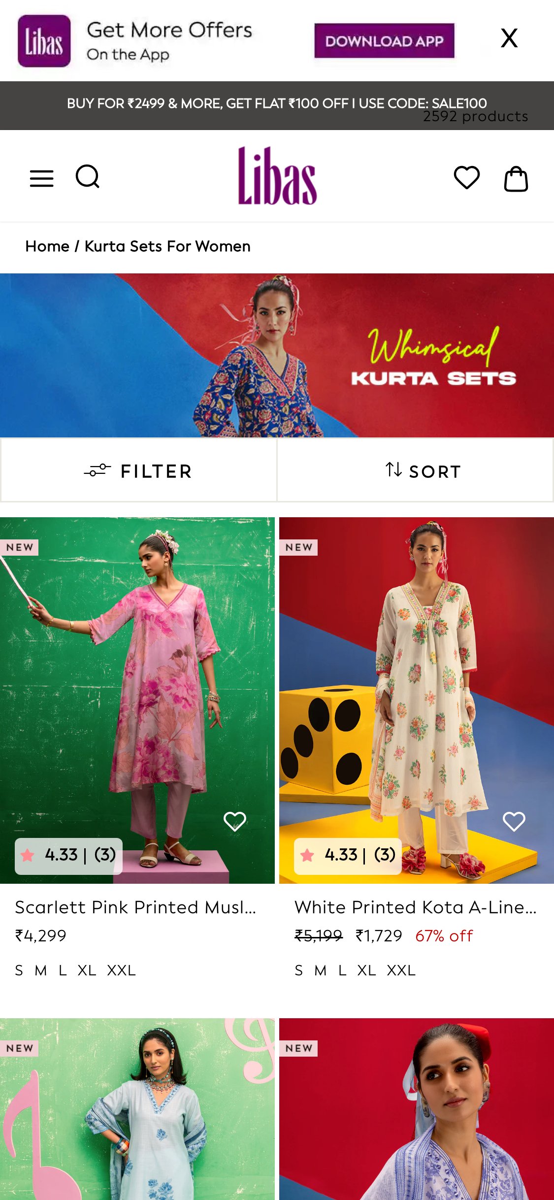 Libas — Mobile Collection (Filter and Sort controls with star ratings on product cards; color filter available in filter panel)