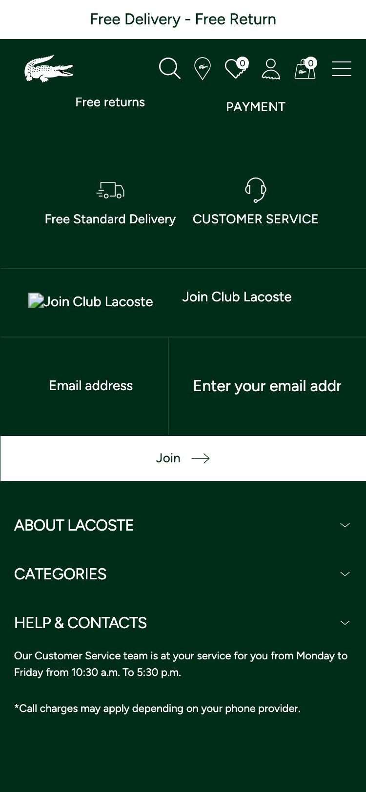 Lacoste filter panel showing Gender, Product Type, Fit, Price, Sleeves, and Size — no color filter available for a brand with up to 44 color variants per product