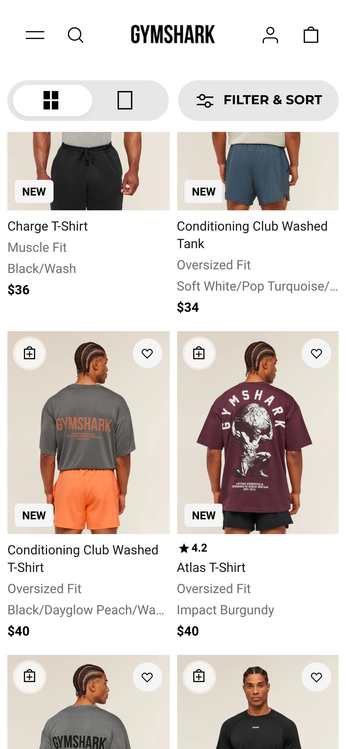 Gymshark — Mobile Collection (Product cards with star rating badge, fit type, and color name on each card)