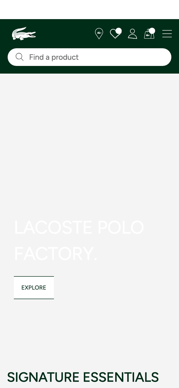 Lacoste homepage hero — brand campaign focus with no value proposition, sale callout, or urgency-driving CTA