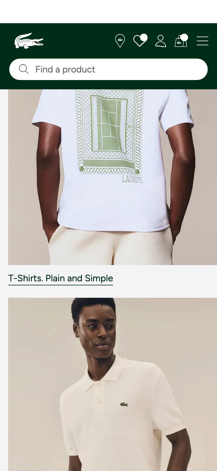 Lacoste 'Selected For You' section — product cards show only name, price, and single image with no ratings, swatches, or quick-add