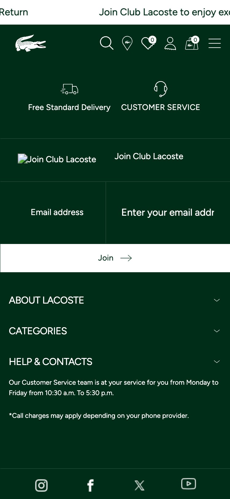 Lacoste PDP showing product details, variant selector, and ATC — no star rating, review count, or customer review section anywhere on the page