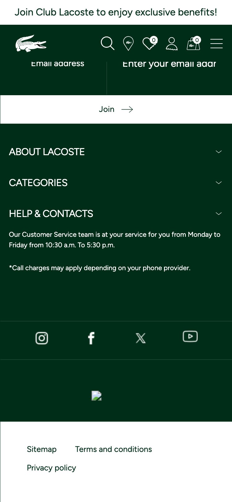 Lacoste PDP purchase area — 'Free Delivery - Free Return' only appears in the top announcement bar, not near the ATC decision point