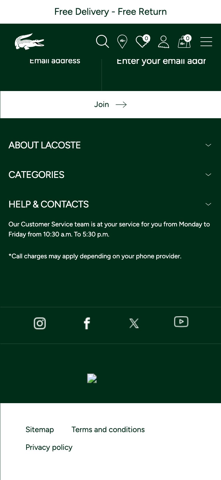 Lacoste ATC confirmation — a flat green text banner at the top of the page with no product preview, cart summary, or continue-shopping option